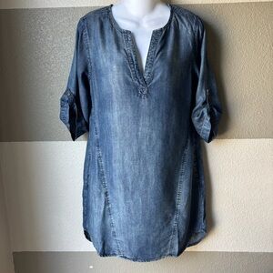 Anthropologie Cloth & Stone Women’s Small Chambray Dress Roll Tab Pockets V Neck